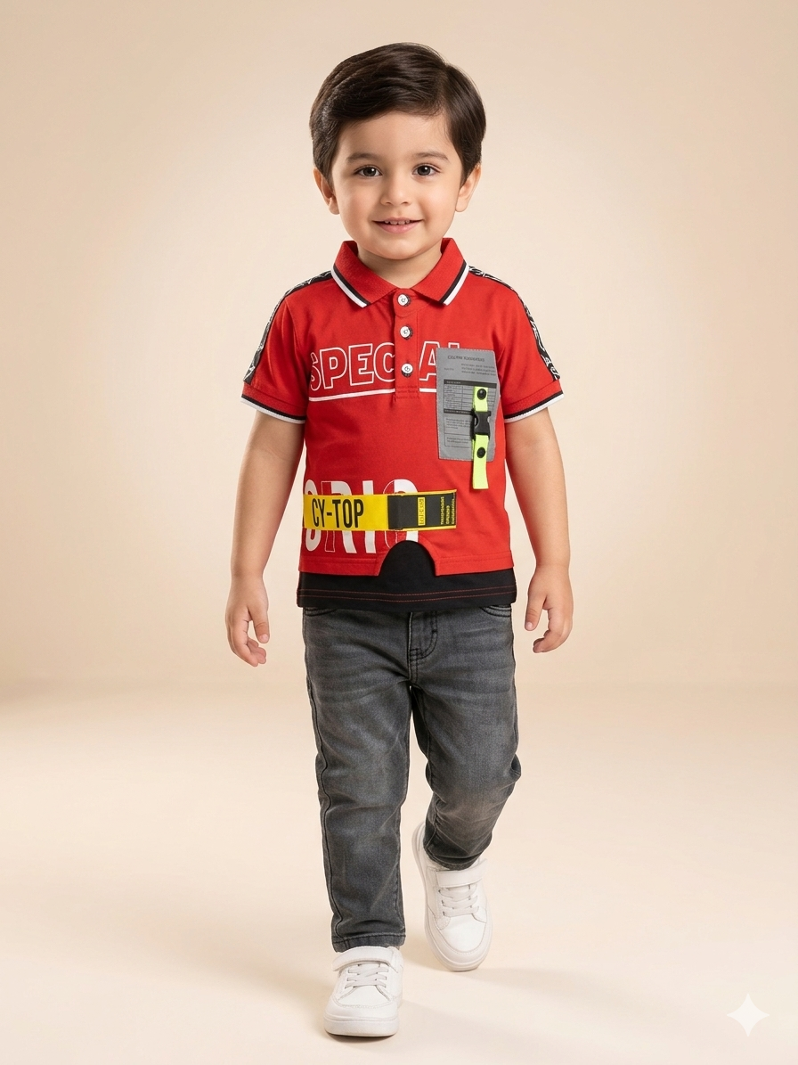 Boys Red Graphic T-Shirt – Casual Cotton Short Sleeve Top