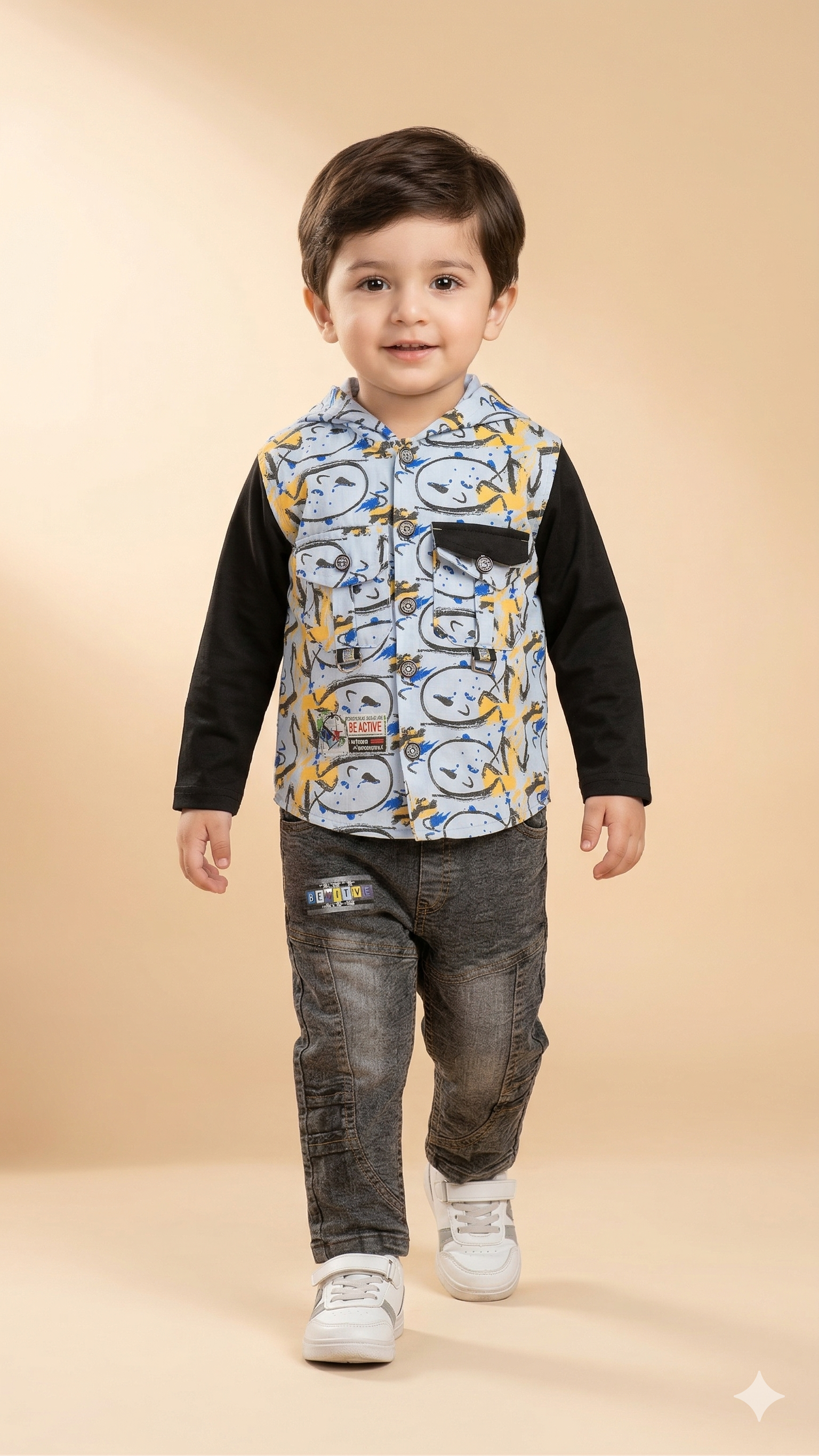 Boys Printed Jacket & Pants Set – Cotton Casual Outfit (Grey & Black)
