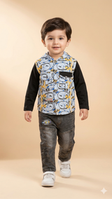 Boys Printed Jacket & Pants Set – Cotton Casual Outfit (Grey & Black)