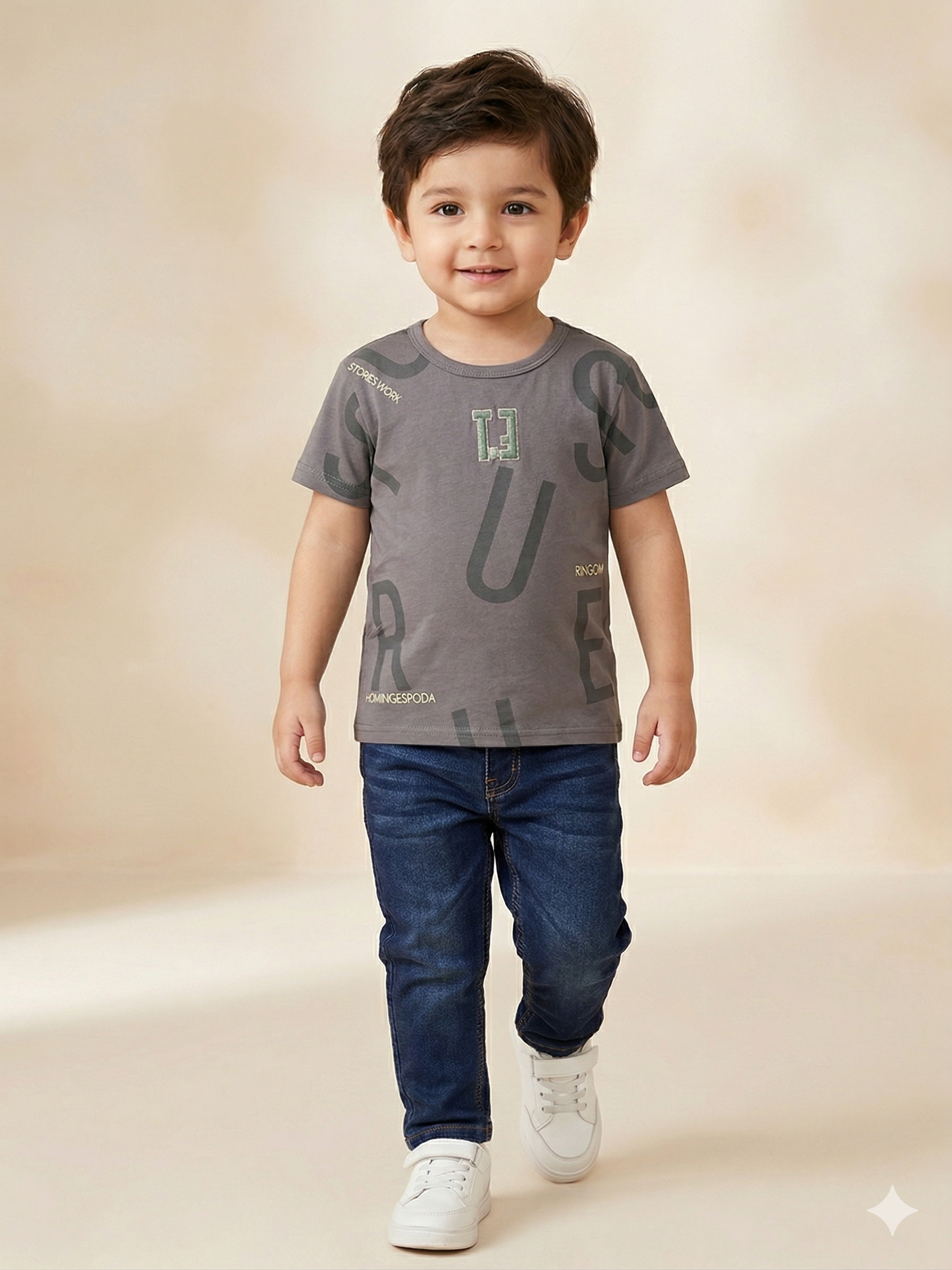 Boys Grey Printed T-Shirt – Casual Cotton Short Sleeve Top