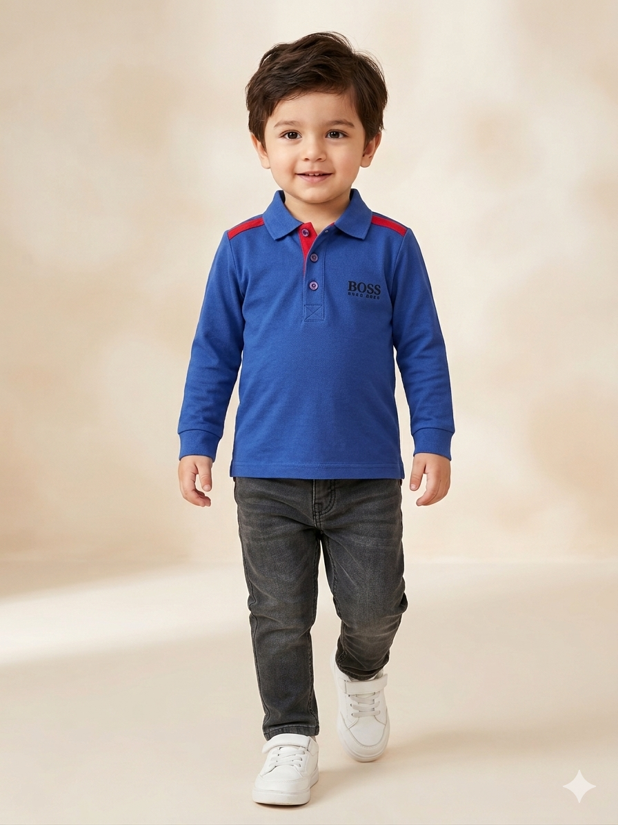 Boys Royal Blue Polo T-Shirt – Casual Cotton Long Sleeve Top