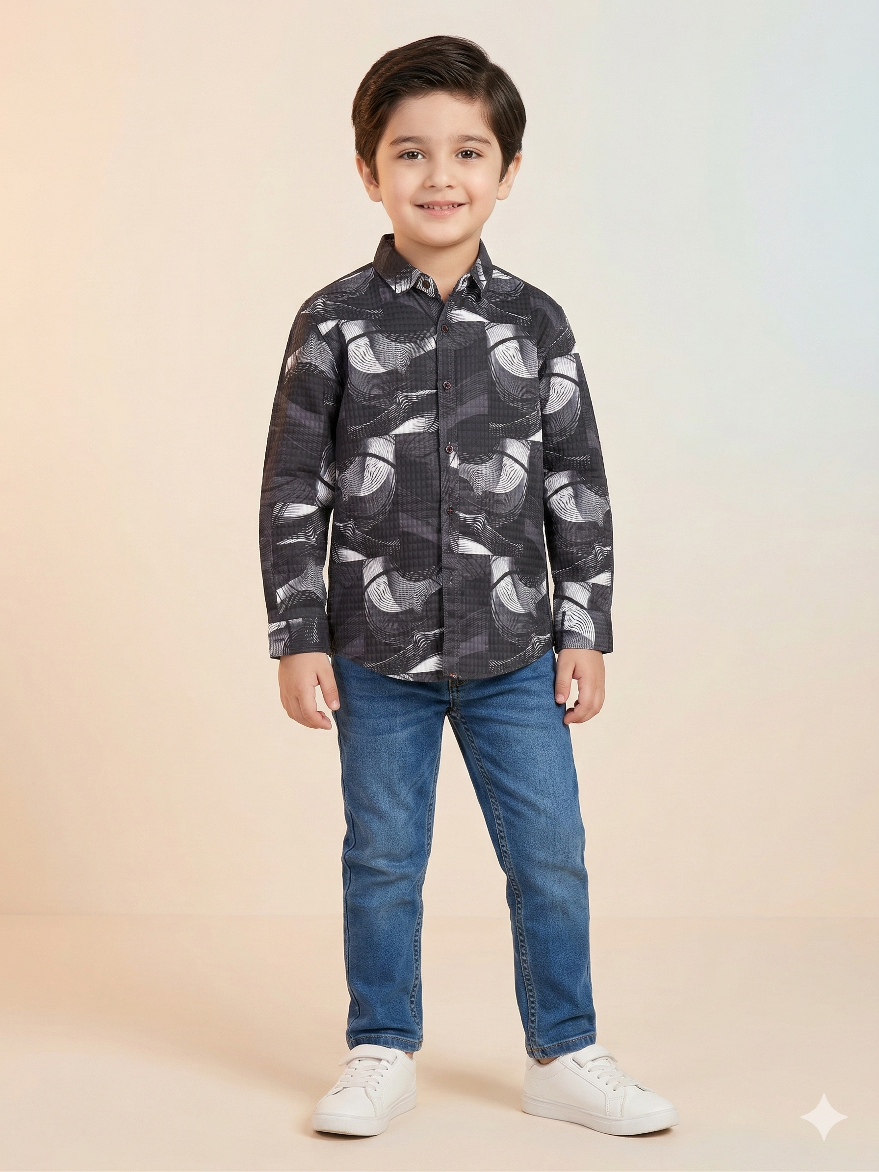 Boys Printed Casual Shirt – Cotton Button-Up Top (Black & Grey)