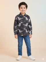 Boys Printed Casual Shirt – Cotton Button-Up Top (Black & Grey)