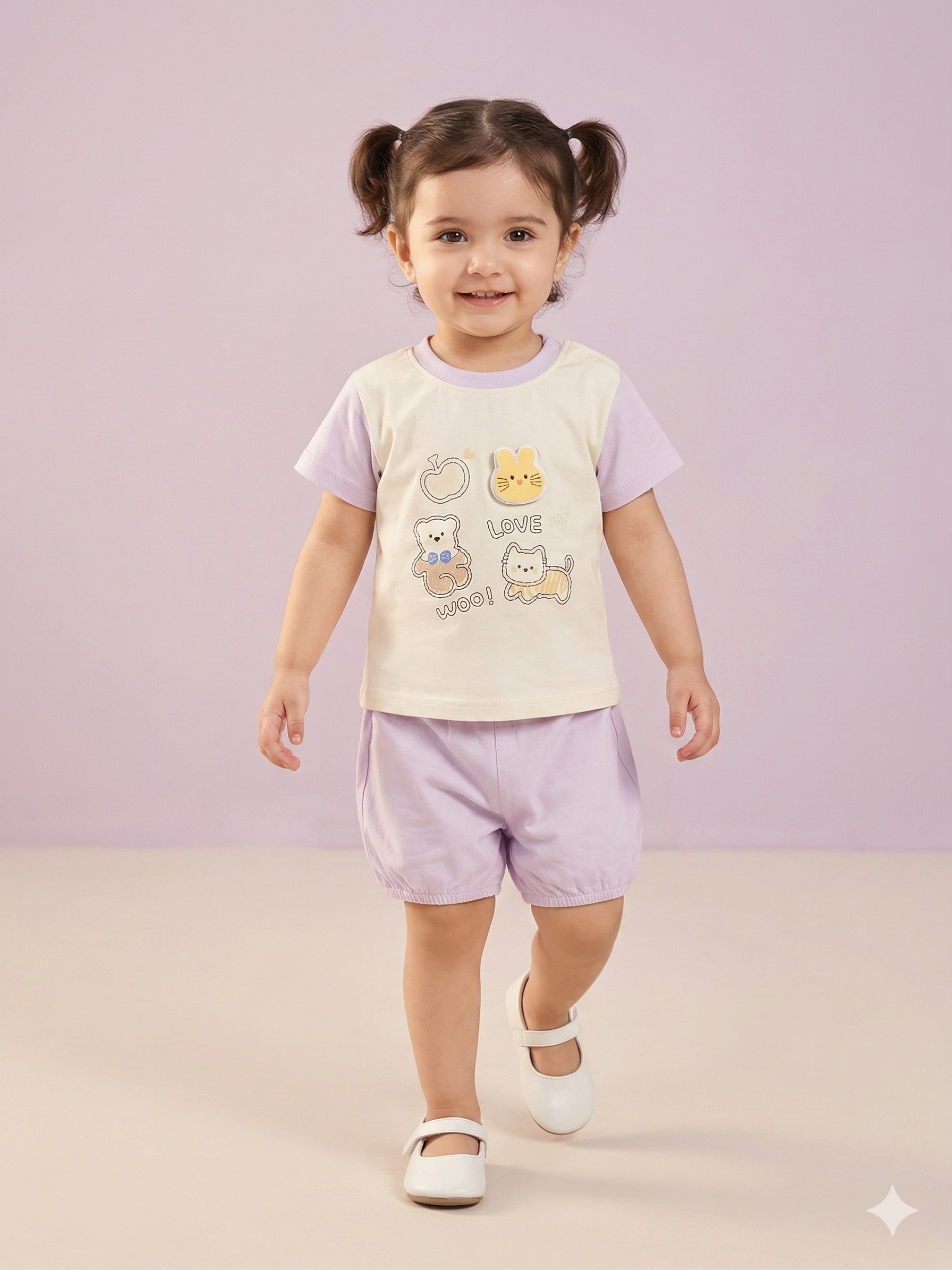 Girls White Graphic T-Shirt & Lavender Shorts Set – Casual Cotton Summer Outfit