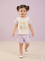 Girls White Graphic T-Shirt & Lavender Shorts Set – Casual Cotton Summer Outfit