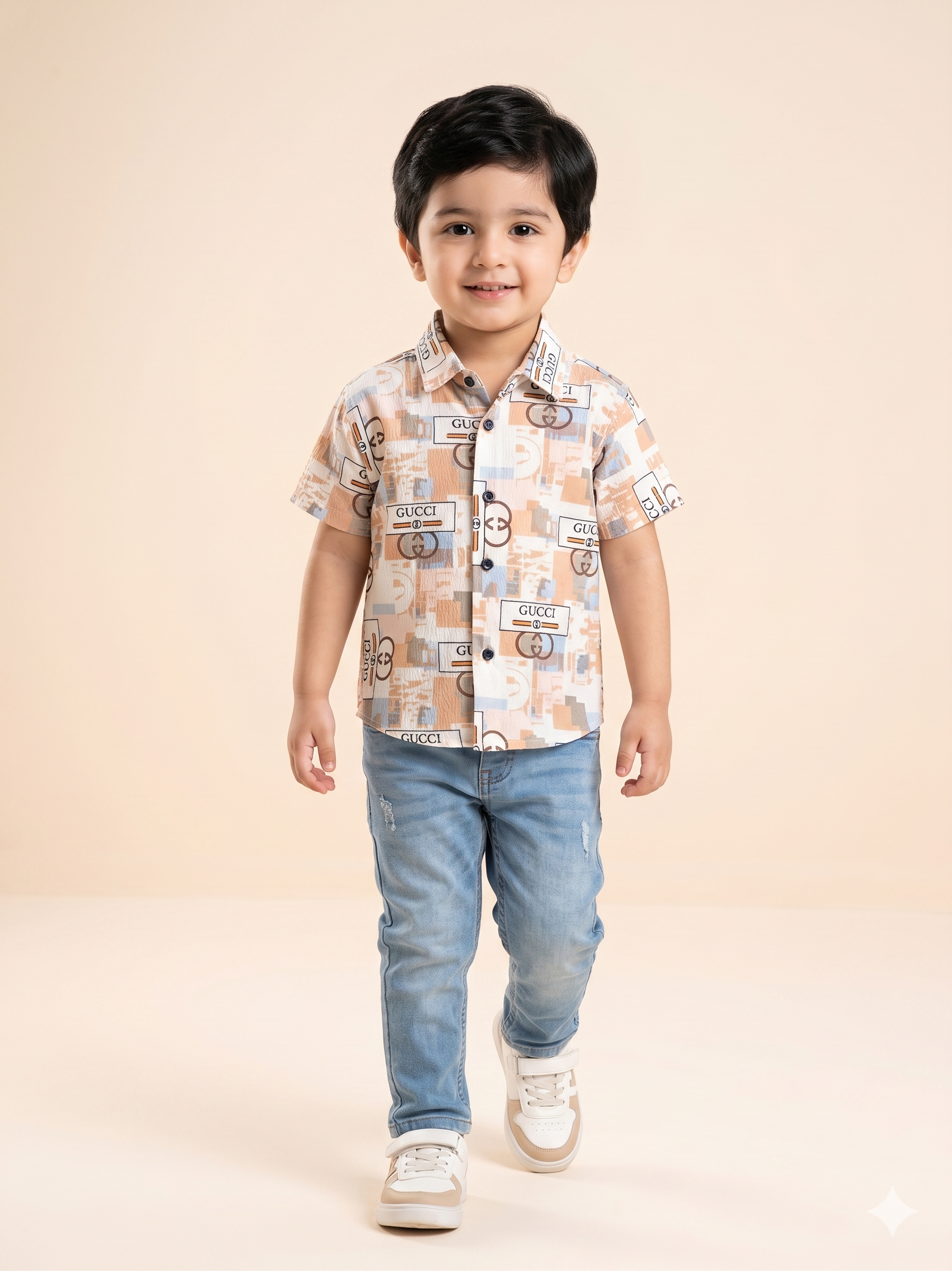 Boys Beige Printed Shirt – Casual Cotton Short Sleeve Top