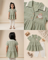 Girls Frill Peplum Top & White Pants Set – Olive Green