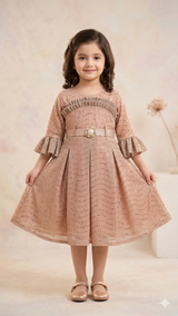 Girls Embroidered Midi Dress – Soft Cotton Party Outfit (Peach)