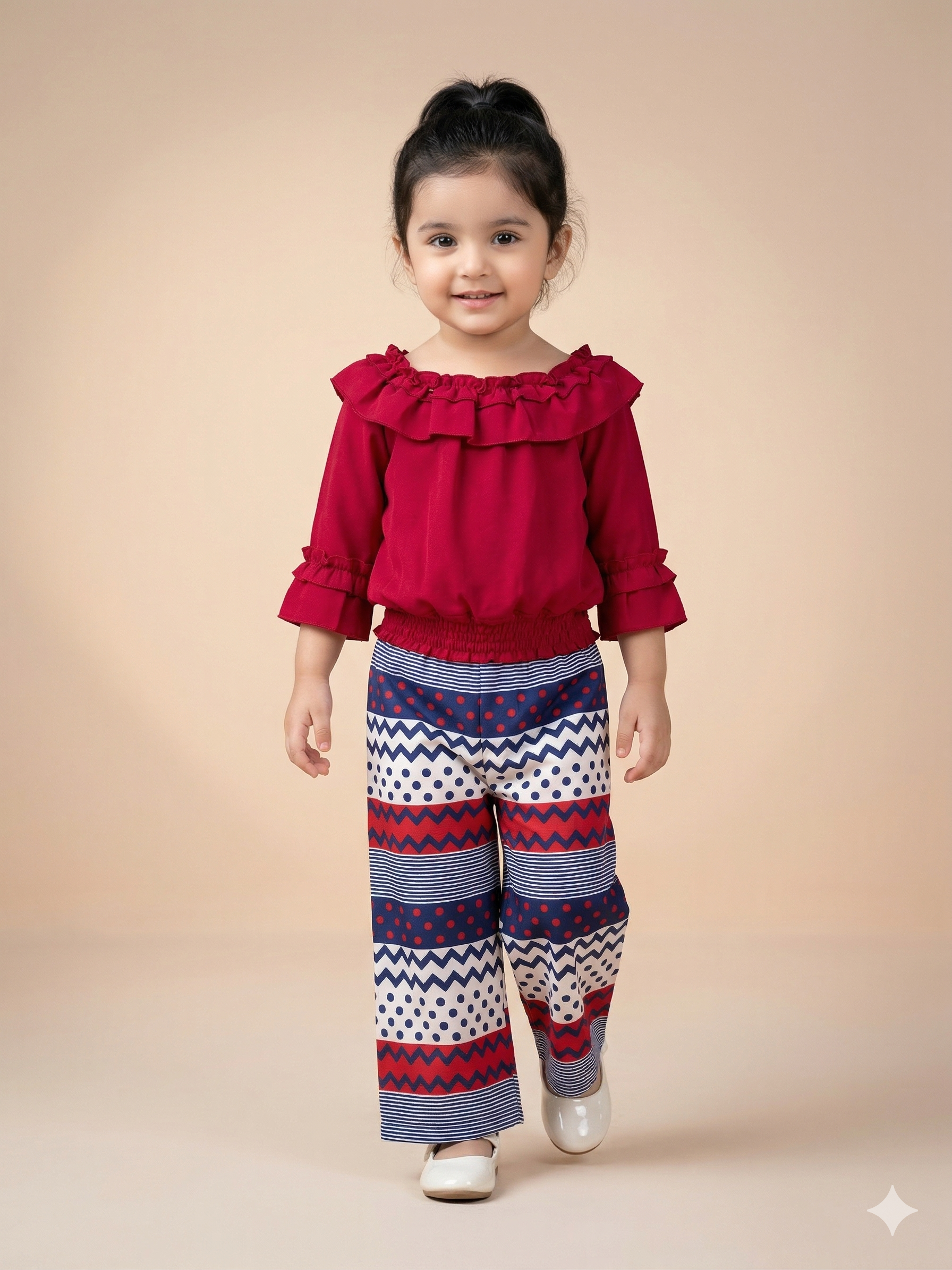 Girls Red Frill Top & Printed Trousers Set – Casual Cotton Outfit