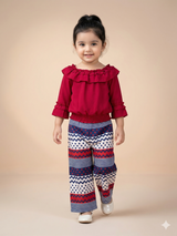 Girls Red Frill Top & Printed Trousers Set – Casual Cotton Outfit