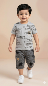 Boys Printed T-Shirt & Shorts Set – Soft Cotton Summer Outfit (Grey)