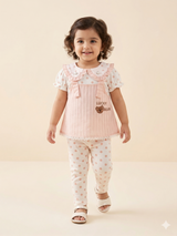 Girls Peach Frill Top & Printed Leggings Set – Casual Cotton Outfit