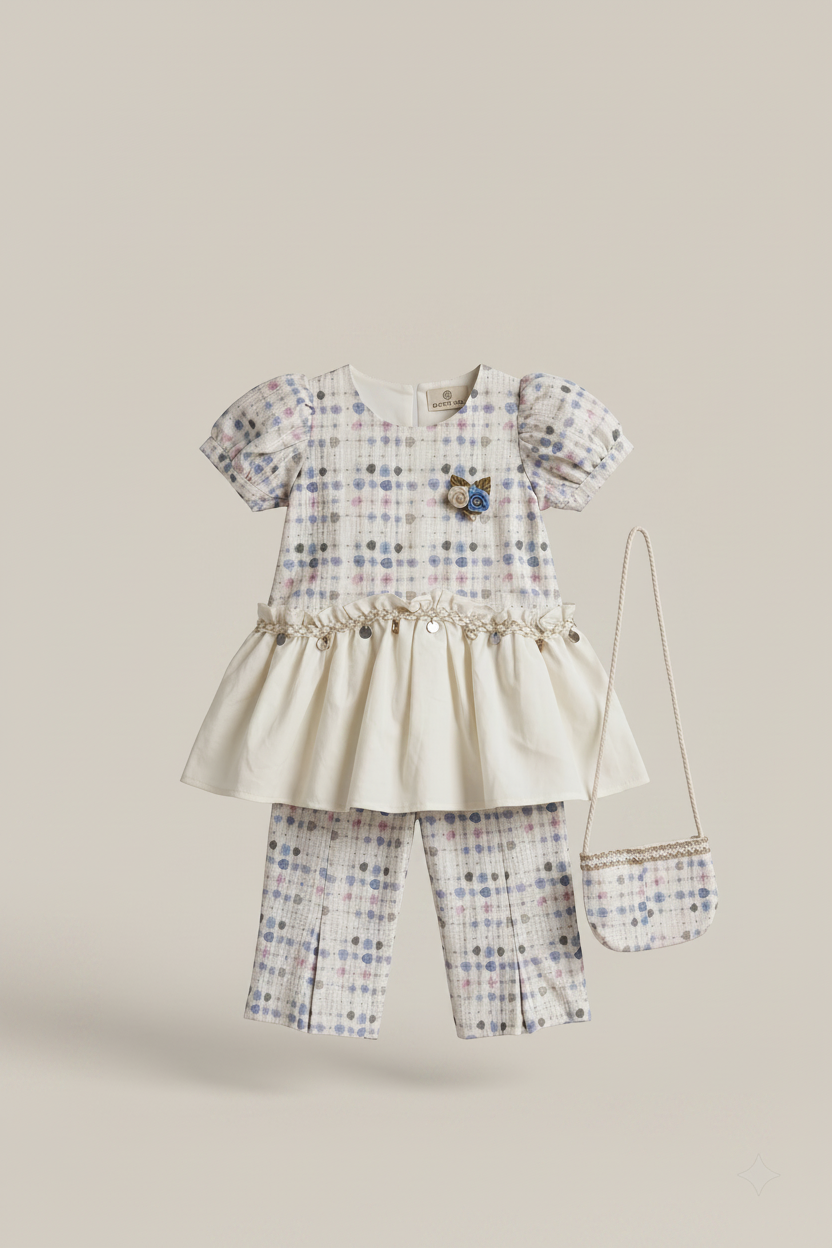 Girls Polka Dot Peplum Top & Pants Set with Mini Bag – White & Blue