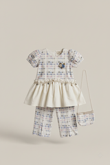 Girls Polka Dot Peplum Top & Pants Set with Mini Bag – White & Blue