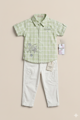 Check Shirt & White Pants Set – Light Green