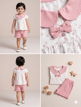 Girls White Collar Top & Pink Shorts Set – Casual Cotton Summer Outfit