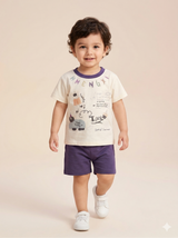 Boys Cream Printed T-Shirt & Shorts Set – Casual Cotton Summer Outfit