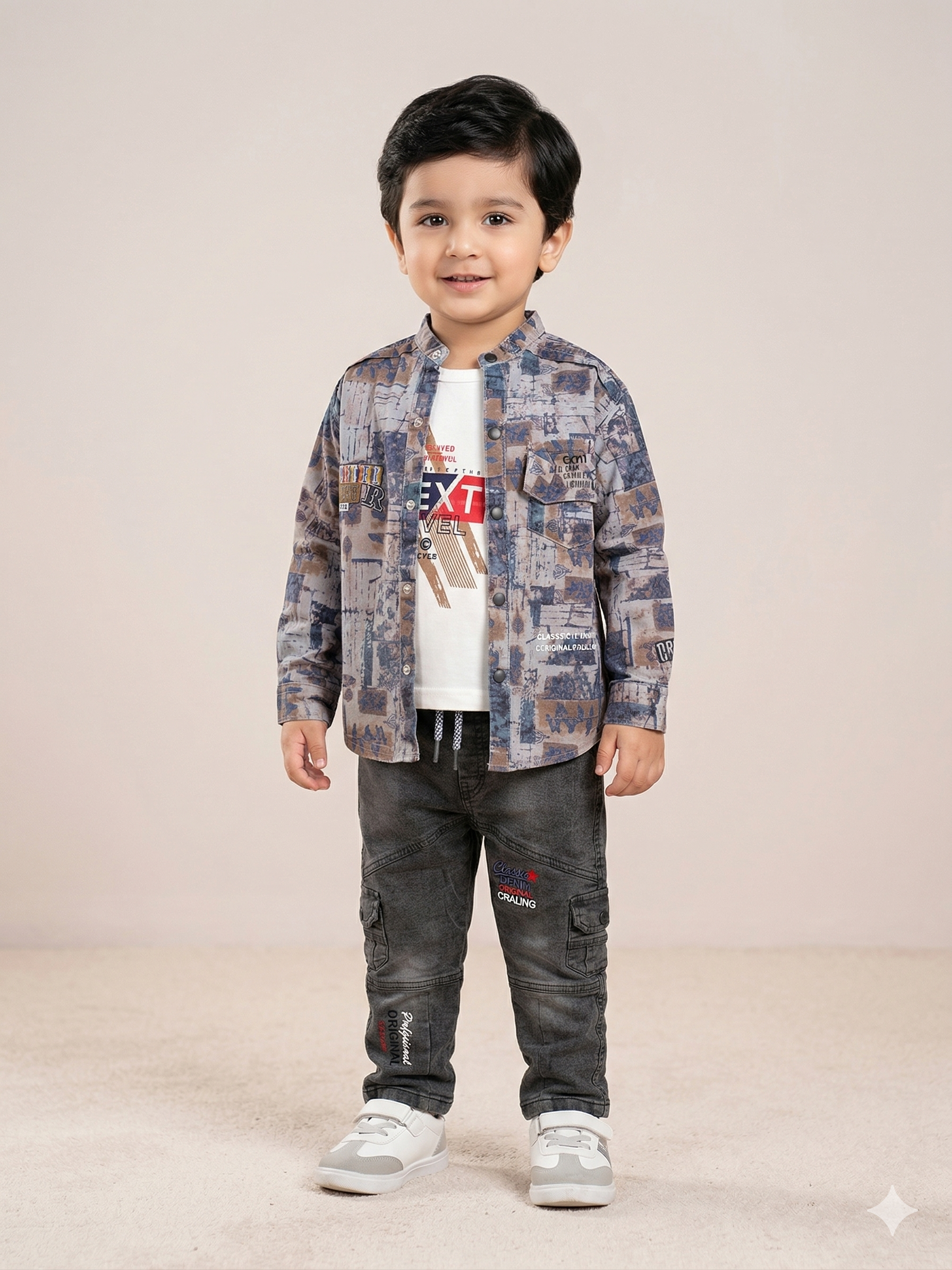 Boys Printed Shirt, Graphic T-Shirt & Jeans 3-Piece Set – Casual Cotton Outfit