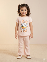 Girls Peach Cartoon Graphic T-Shirt & Trousers Set – Casual Cotton Outfit