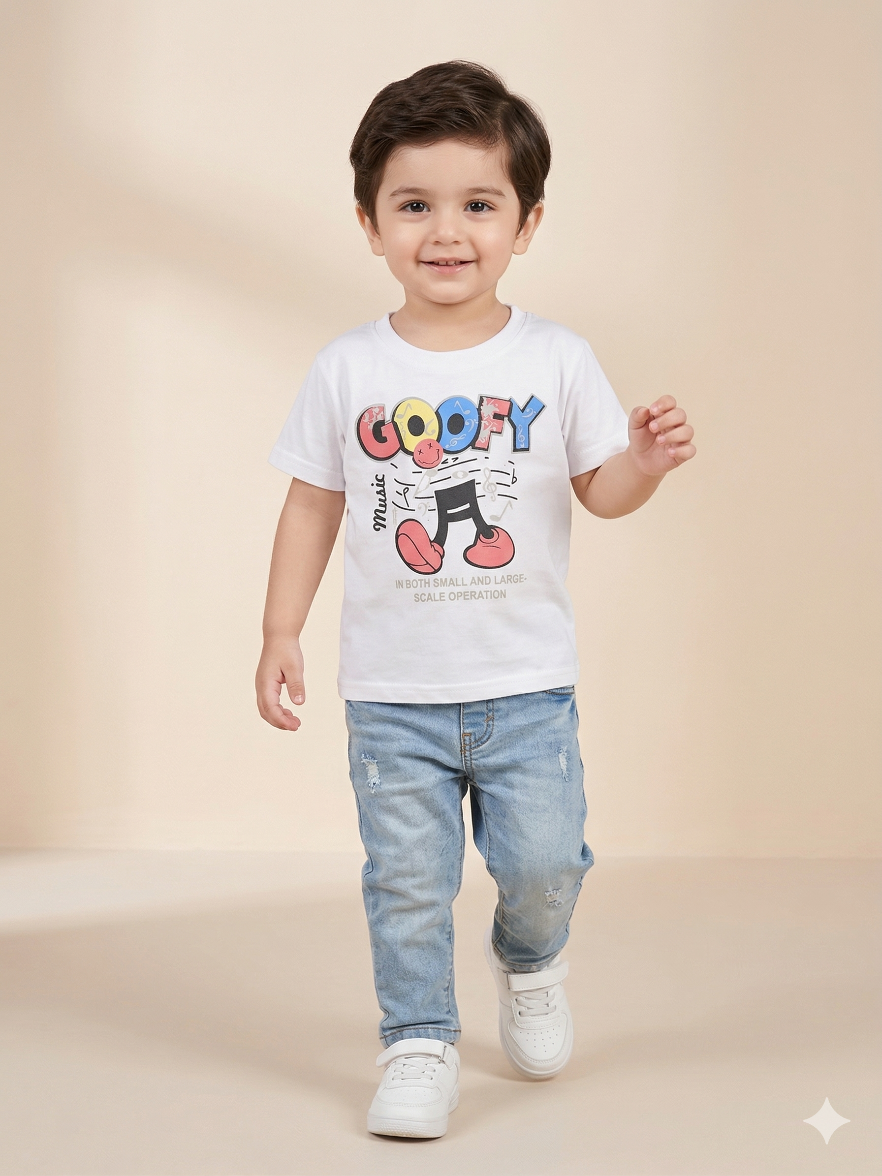 Boys White Cartoon Graphic T-Shirt – Casual Cotton Short Sleeve Top