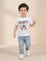 Boys White Cartoon Graphic T-Shirt – Casual Cotton Short Sleeve Top