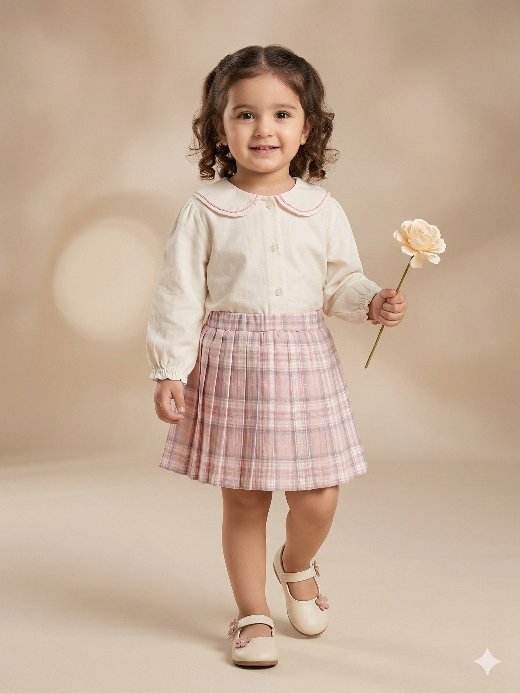 Girls Ribbed Top & Plaid Skirt Set – Elegant Cotton Outfit (Cream & Pink)