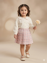 Girls Ribbed Top & Plaid Skirt Set – Elegant Cotton Outfit (Cream & Pink)