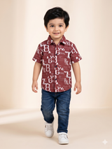 Boys Maroon Printed Shirt – Casual Cotton Short Sleeve Top