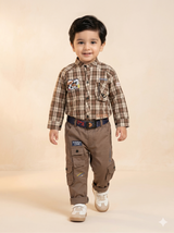 Boys Brown Checked Shirt & Trousers Set – Casual Cotton Full Outfit