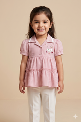 Girls Pink Frill Peplum Top & White Pants Set – Cute Collar Style