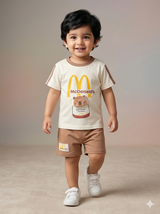 Boys Cream Cartoon Graphic T-Shirt & Brown Shorts Set – Casual Cotton Summer Outfit