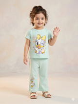 Girls Mint Green Cartoon Graphic T-Shirt & Trousers Set – Casual Cotton Outfit