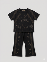 Girls  T-Shirt & Printed Pants Set – Black 2-Piece Outfit