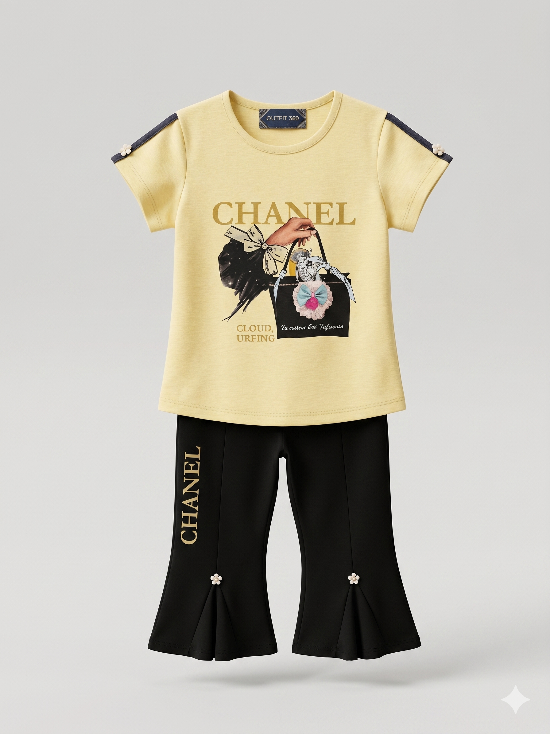 Girls “Champion” Graphic T-Shirt & Black Pants Set – 2-Piece Casual Outfit