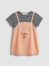Girls Striped Layered Look Dress – Peach Pinafore Style Frock (1-Piece)
