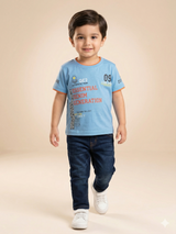 Boys Sky Blue Graphic T-Shirt – Casual Cotton Short Sleeve Top