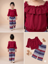 Girls Red Frill Top & Printed Trousers Set – Casual Cotton Outfit