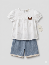 Girls Butterfly Embroidered Top & Denim Shorts Set – White & Blue