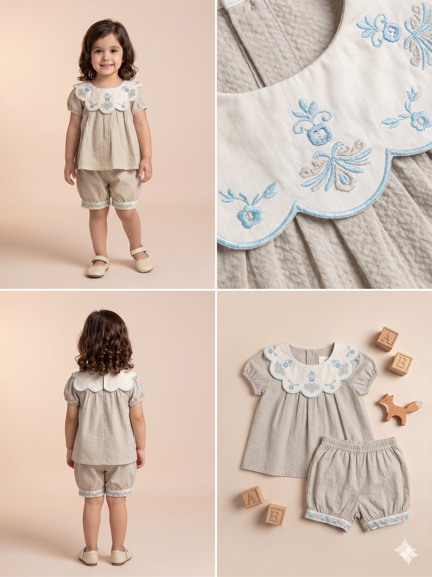Girls Beige Embroidered Top & Shorts Set – Casual Cotton Summer Outfit