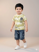Boys Yellow Graphic T-Shirt & Denim Shorts Set – Casual Cotton Summer Outfit