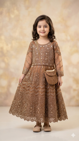 Girls Embellished Maxi Dress – Elegant Party Wear with Bag (Brown)
