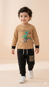 Boys Graphic Sweatshirt & Jogger Set – Soft Cotton Outfit (Brown & Black)