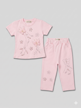 Girls Pink Printed T-Shirt & Pants Set – 2-Piece Casual Outfit