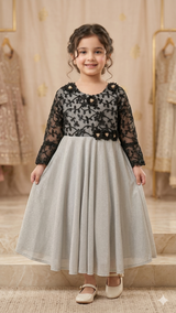 Girls Embroidered Party Dress – Net & Cotton Formal Outfit (Black & Cream)