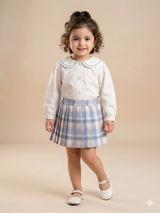 Girls Knit Top & Plaid Skirt Set – Soft Cotton Outfit (Cream & Blue)