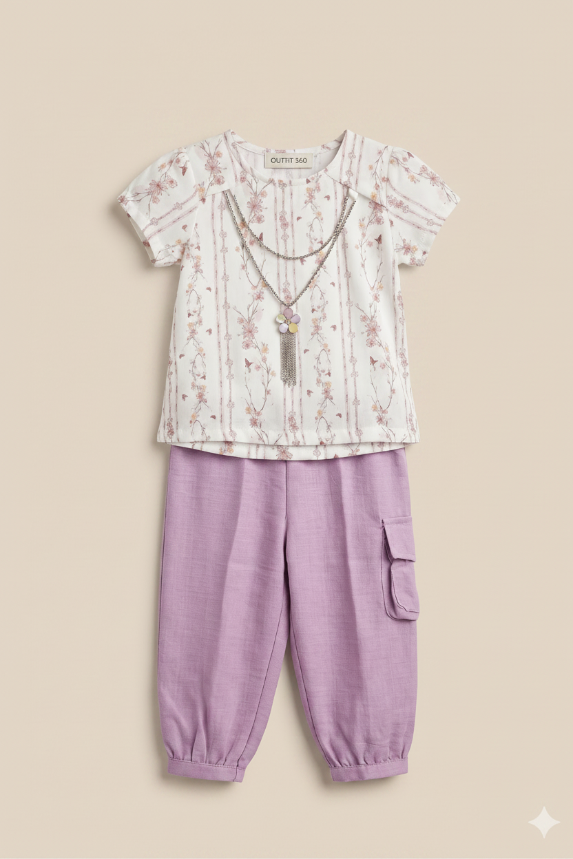 Girls Floral Printed Top & Lilac Pants Set – Elegant Summer Style