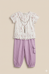 Girls Floral Printed Top & Lilac Pants Set – Elegant Summer Style
