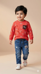 Boys Graphic Sweatshirt & Denim Jeans Set – Casual Cotton Outfit (Red & Blue)