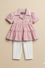 Girls Pink Frill Peplum Top & White Pants Set – Cute Collar Style