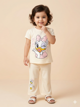 Girls Cream Cartoon Graphic T-Shirt & Trousers Set – Casual Cotton Outfit